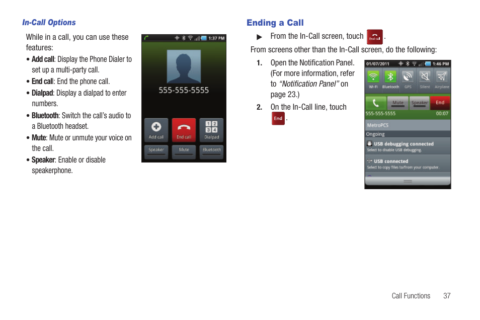 In-call options, Ending a call | Samsung GALAXY INDULGE GH68-32785A User Manual | Page 41 / 167