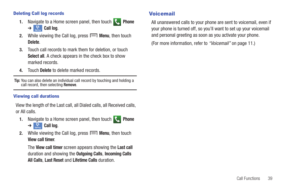 Deleting call log records, Viewing call durations, Voicemail | Samsung GALAXY INDULGE GH68-32785A User Manual | Page 43 / 167