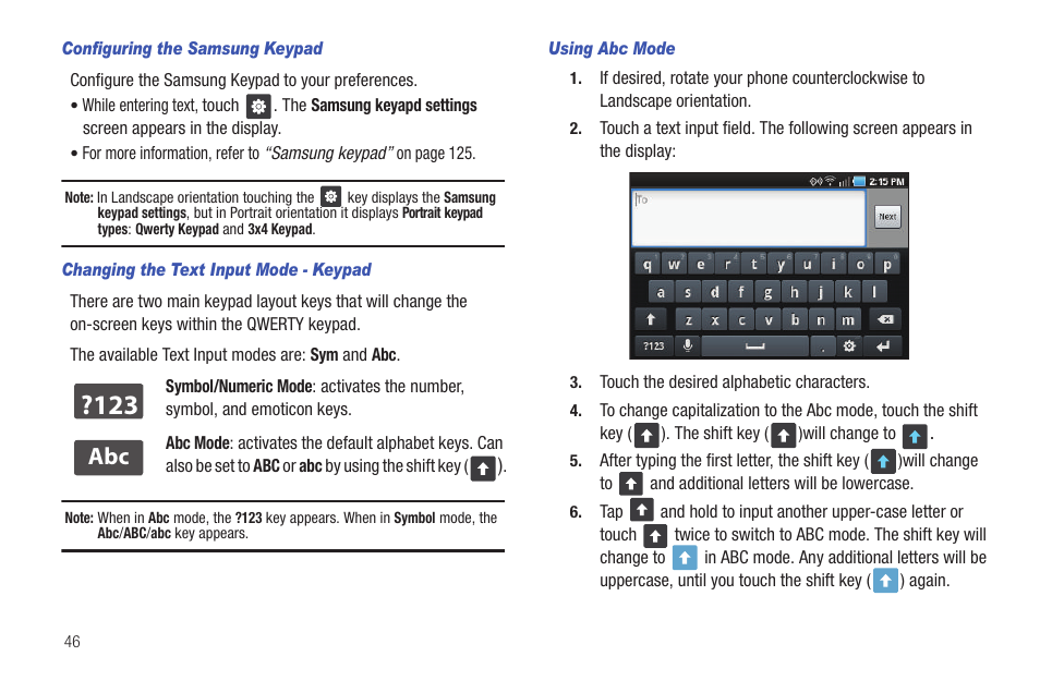 Configuring the samsung keypad, Changing the text input mode - keypad, Using abc mode | Samsung GALAXY INDULGE GH68-32785A User Manual | Page 50 / 167