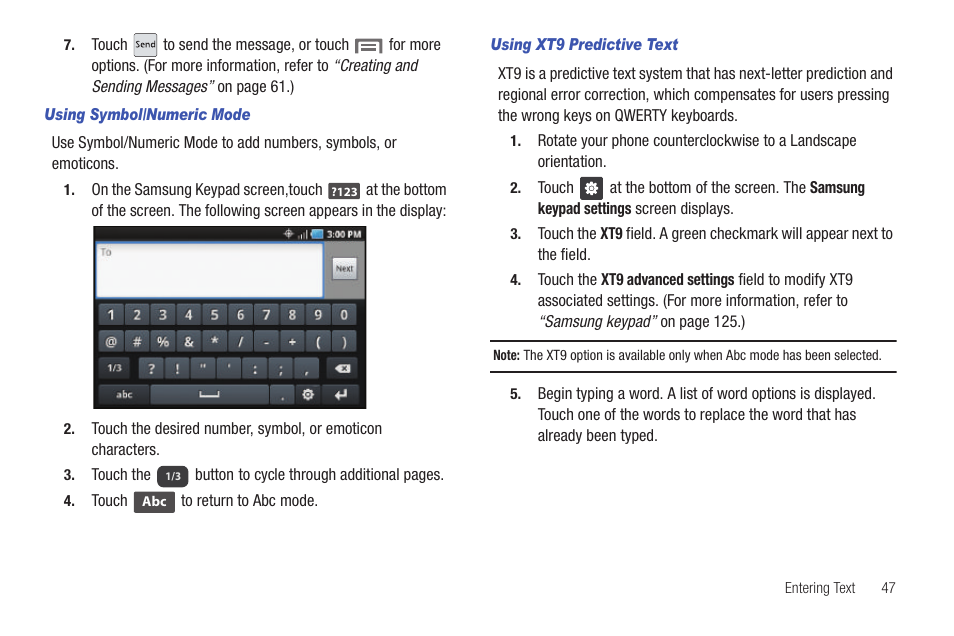 Using symbol/numeric mode, Using xt9 predictive text | Samsung GALAXY INDULGE GH68-32785A User Manual | Page 51 / 167