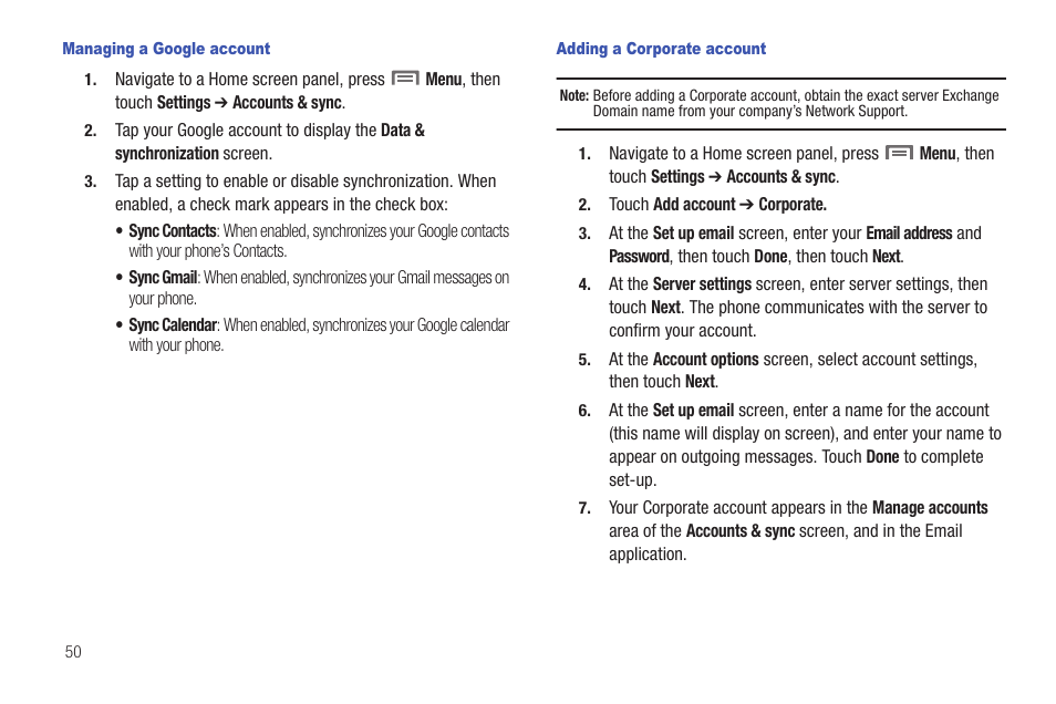 Managing a google account, Adding a corporate account | Samsung GALAXY INDULGE GH68-32785A User Manual | Page 54 / 167