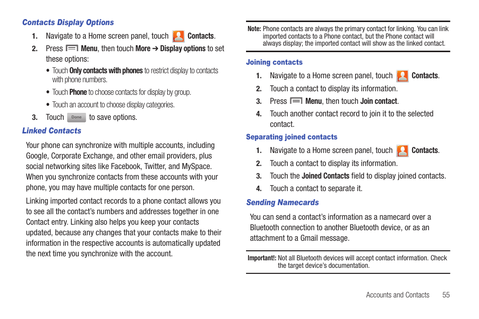 Contacts display options, Linked contacts, Joining contacts | Separating joined contacts, Sending namecards | Samsung GALAXY INDULGE GH68-32785A User Manual | Page 59 / 167