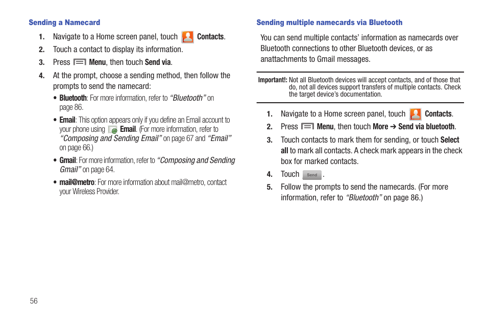 Sending a namecard, Sending multiple namecards via bluetooth | Samsung GALAXY INDULGE GH68-32785A User Manual | Page 60 / 167