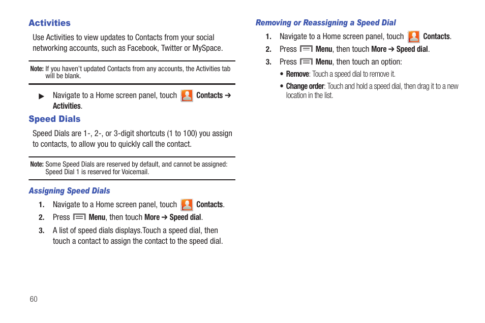 Activities, Speed dials, Assigning speed dials | Removing or reassigning a speed dial, Activities speed dials | Samsung GALAXY INDULGE GH68-32785A User Manual | Page 64 / 167