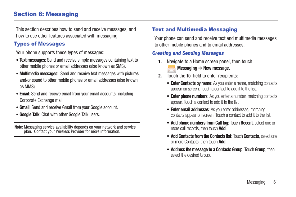 Section 6: messaging, Types of messages, Text and multimedia messaging | Creating and sending messages, Types of messages text and multimedia messaging | Samsung GALAXY INDULGE GH68-32785A User Manual | Page 65 / 167