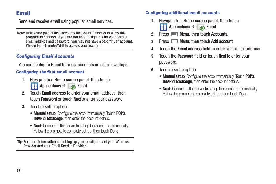 Email, Configuring email accounts, Configuring the first email account | Configuring additional email accounts | Samsung GALAXY INDULGE GH68-32785A User Manual | Page 70 / 167