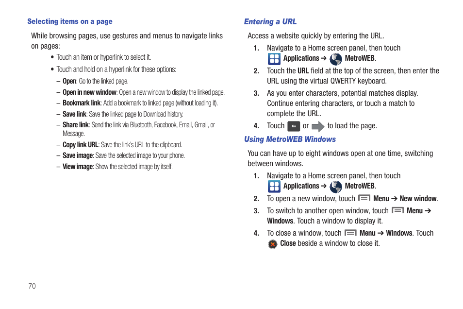 Entering a url, Using metroweb windows | Samsung GALAXY INDULGE GH68-32785A User Manual | Page 74 / 167