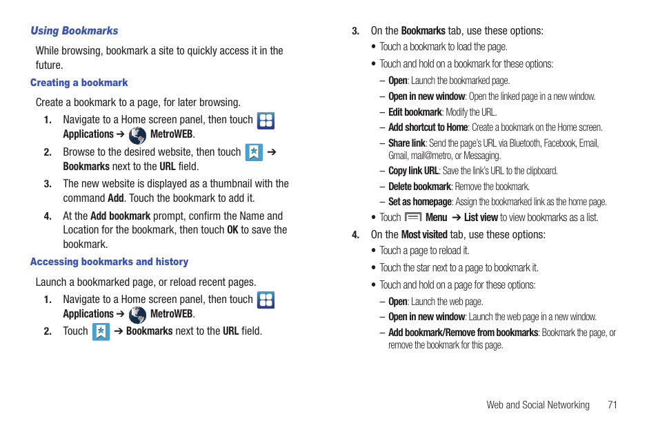 Using bookmarks, Creating a bookmark, Accessing bookmarks and history | Samsung GALAXY INDULGE GH68-32785A User Manual | Page 75 / 167