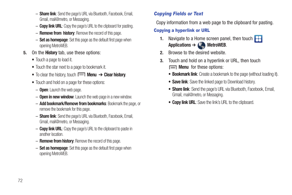 Copying fields or text, Copying a hyperlink or url | Samsung GALAXY INDULGE GH68-32785A User Manual | Page 76 / 167