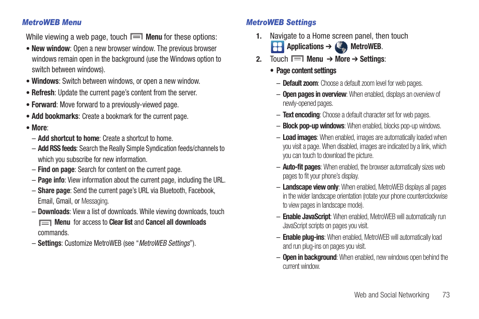 Metroweb menu, Metroweb settings | Samsung GALAXY INDULGE GH68-32785A User Manual | Page 77 / 167