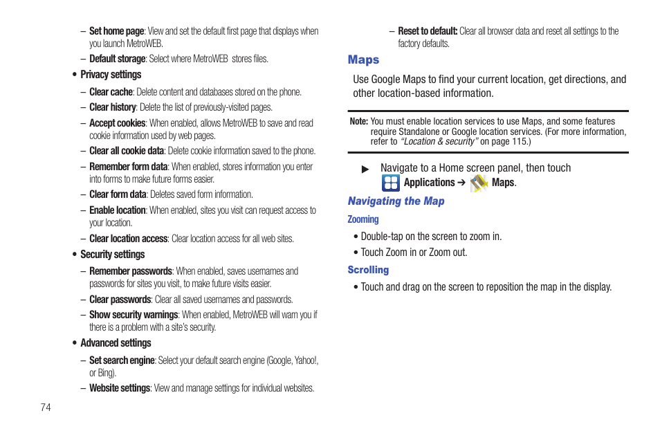 Maps, Navigating the map, Zooming | Scrolling | Samsung GALAXY INDULGE GH68-32785A User Manual | Page 78 / 167