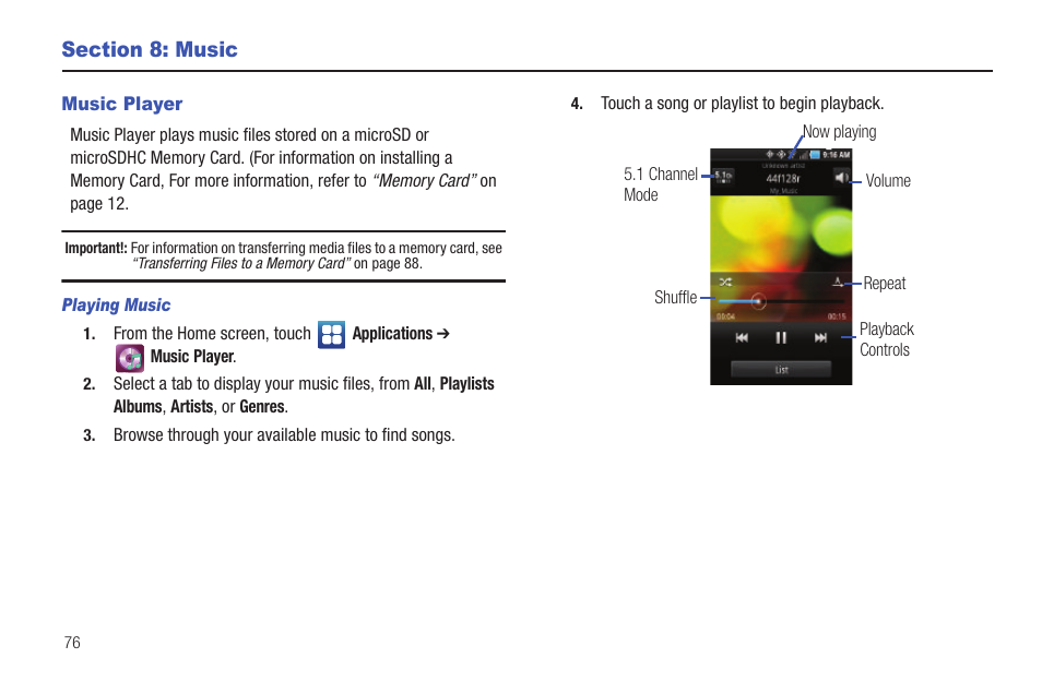 Section 8: music, Music player, Playing music | Samsung GALAXY INDULGE GH68-32785A User Manual | Page 80 / 167