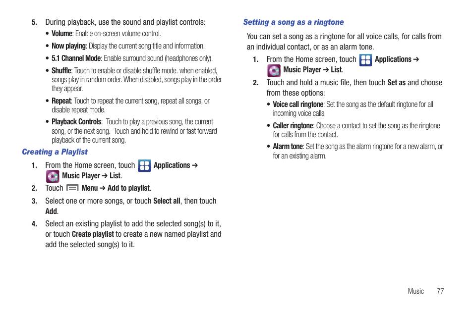 Creating a playlist, Setting a song as a ringtone | Samsung GALAXY INDULGE GH68-32785A User Manual | Page 81 / 167