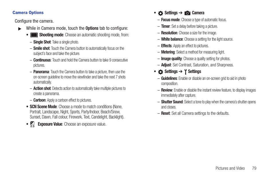 Camera options | Samsung GALAXY INDULGE GH68-32785A User Manual | Page 83 / 167