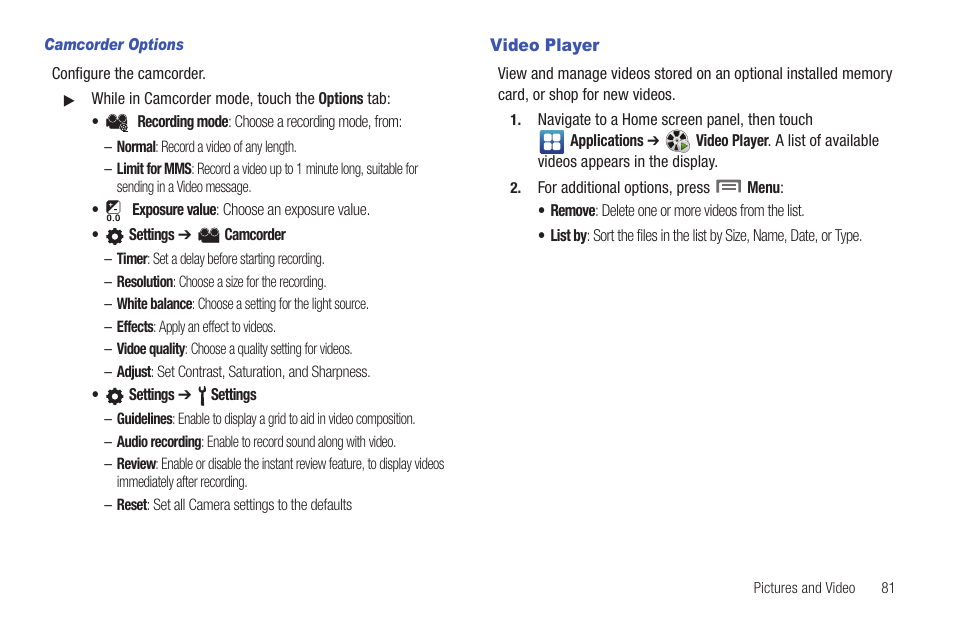 Camcorder options, Video player | Samsung GALAXY INDULGE GH68-32785A User Manual | Page 85 / 167