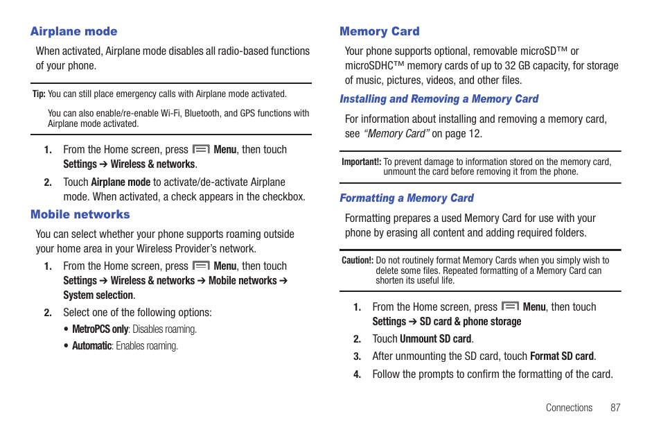 Airplane mode, Mobile networks, Memory card | Installing and removing a memory card, Formatting a memory card, Airplane mode mobile networks memory card | Samsung GALAXY INDULGE GH68-32785A User Manual | Page 91 / 167