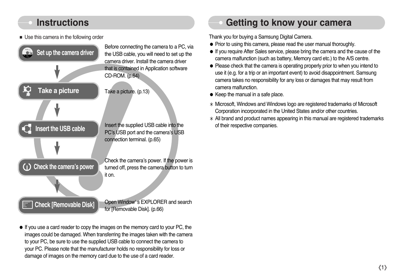 Instructions getting to know your camera | Samsung Digimax L60 User Manual | Page 2 / 78