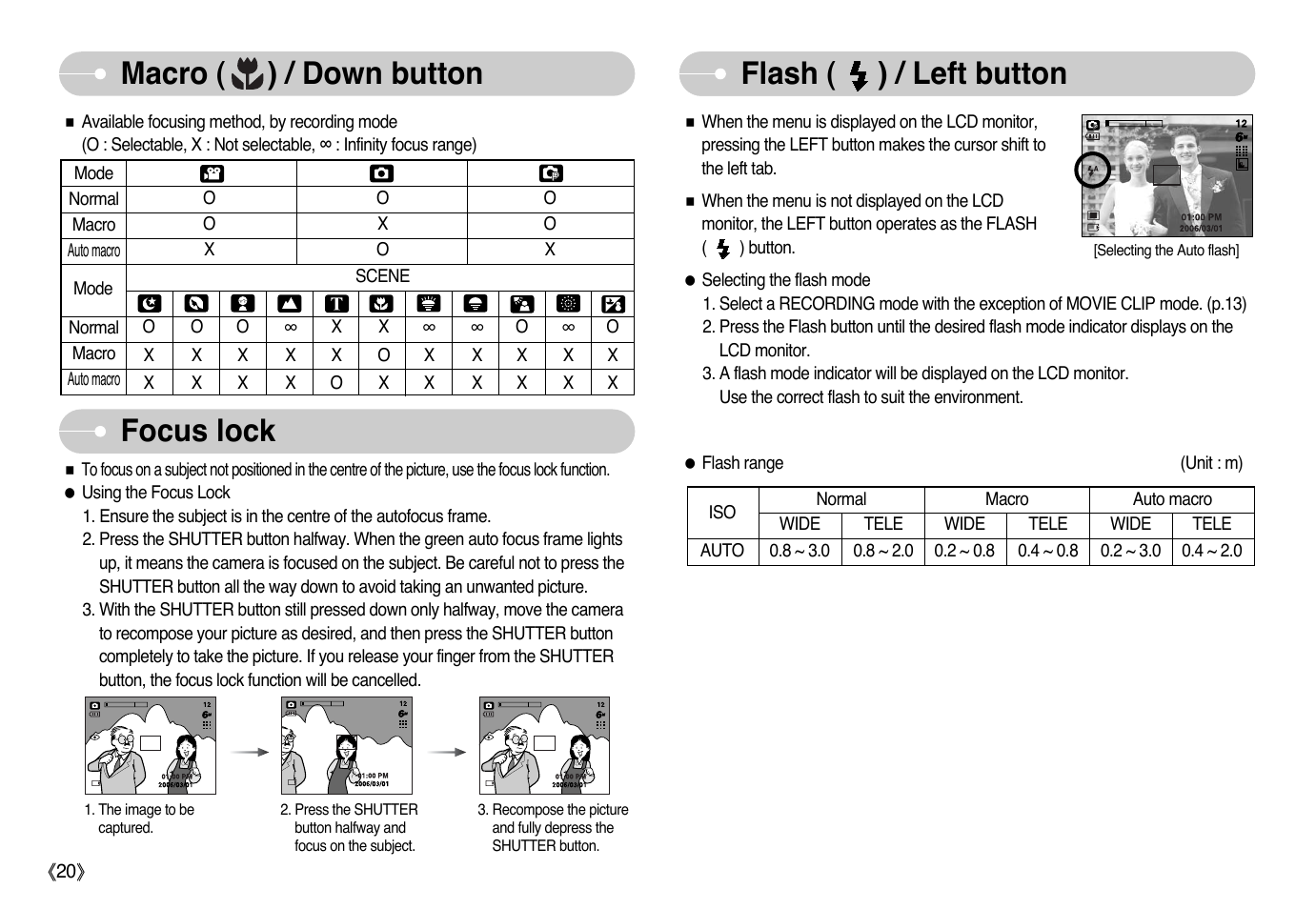 Macro ( ) / down button flash ( ) / left button, Focus lock | Samsung Digimax L60 User Manual | Page 21 / 78