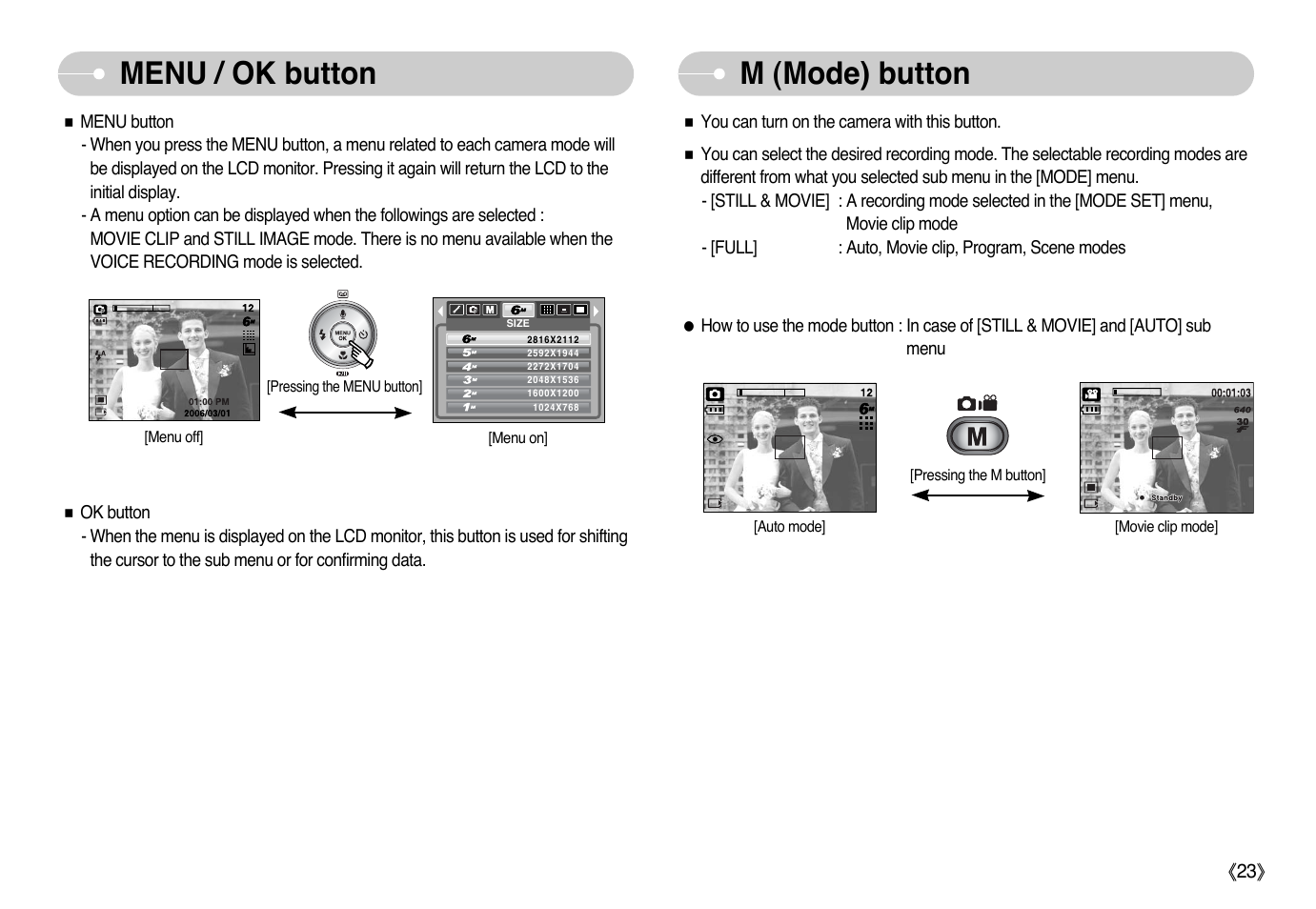 Menu / ok button m (mode) button | Samsung Digimax L60 User Manual | Page 24 / 78
