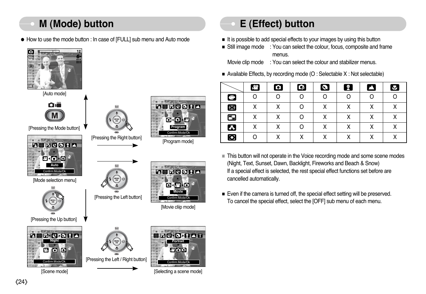 M (mode) button e (effect) button | Samsung Digimax L60 User Manual | Page 25 / 78