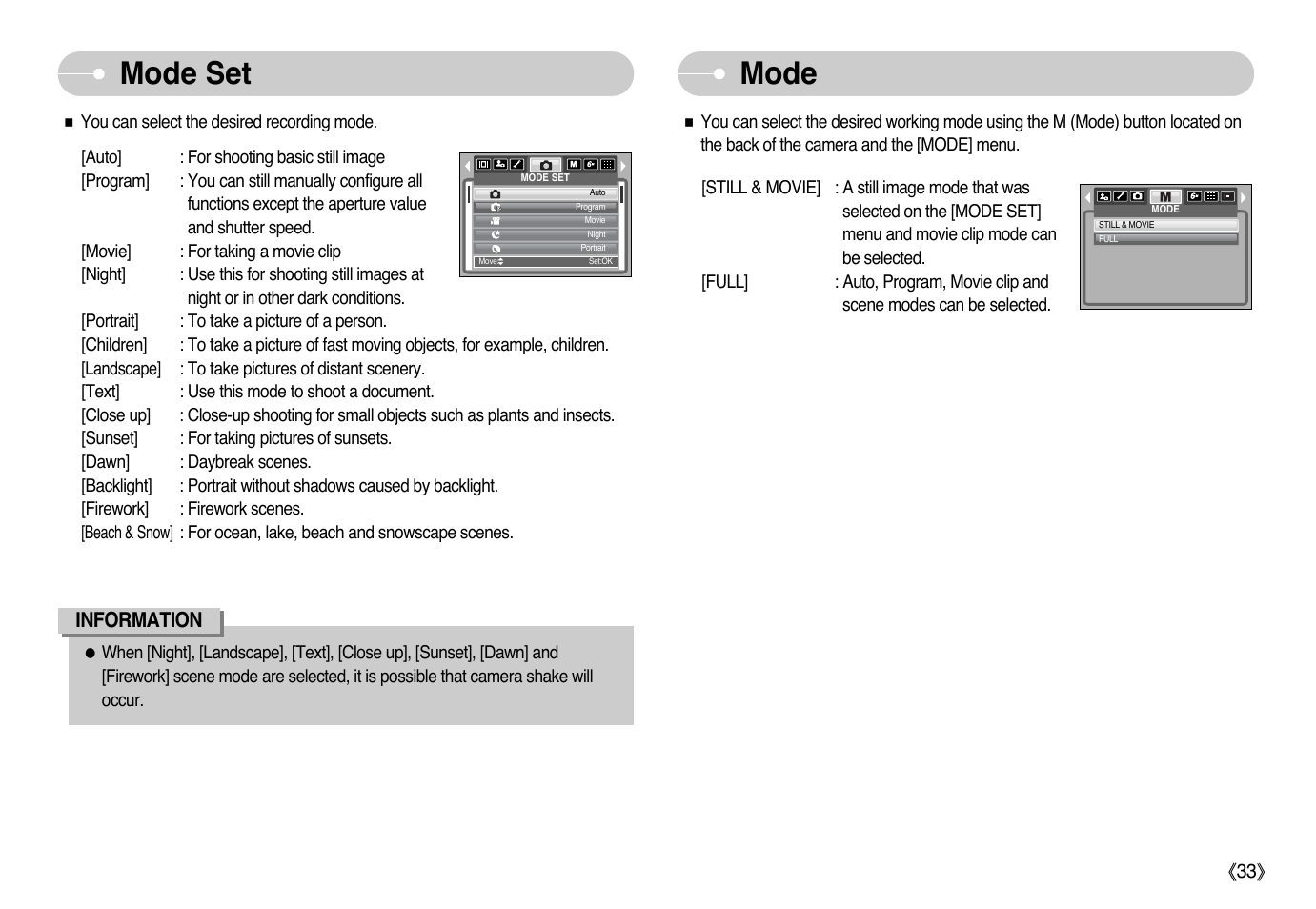 Mode set, Mode | Samsung Digimax L60 User Manual | Page 34 / 78