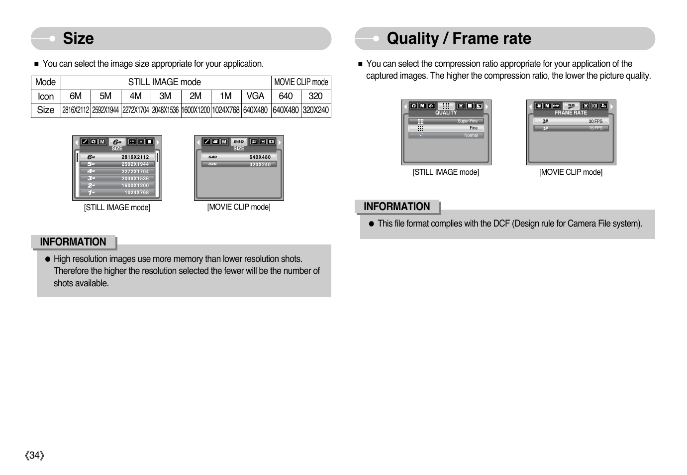 Quality / frame rate, Size, Information | Samsung Digimax L60 User Manual | Page 35 / 78