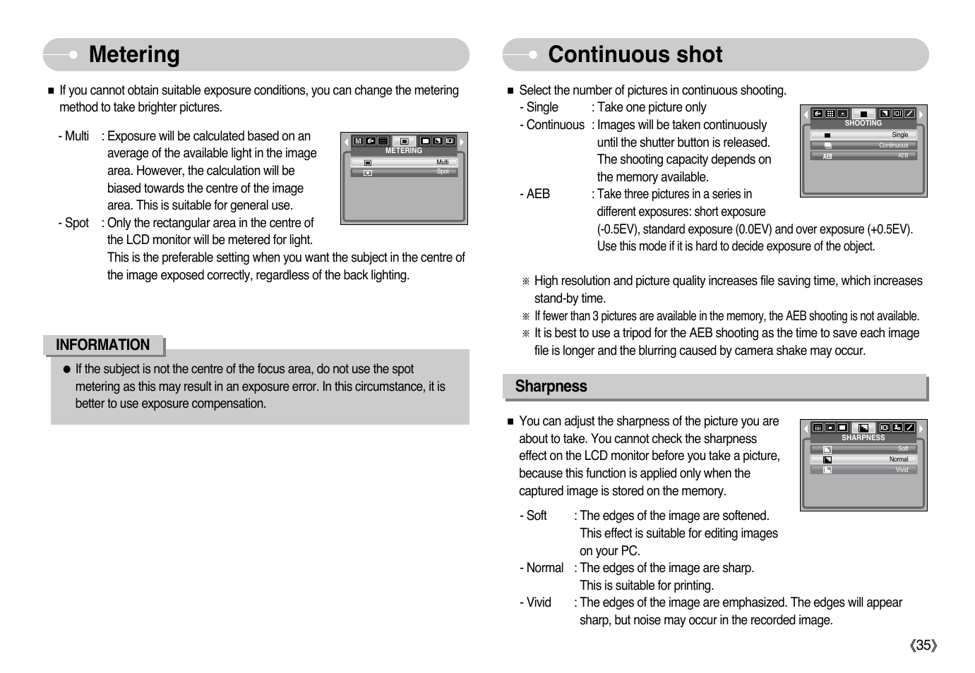 Metering, Continuous shot, Sharpness | Samsung Digimax L60 User Manual | Page 36 / 78