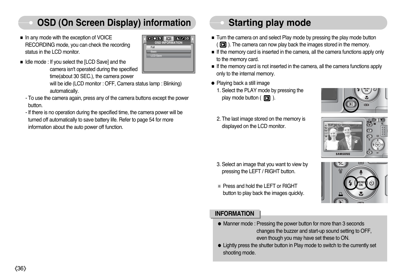 Osd (on screen display) information, Starting play mode | Samsung Digimax L60 User Manual | Page 37 / 78