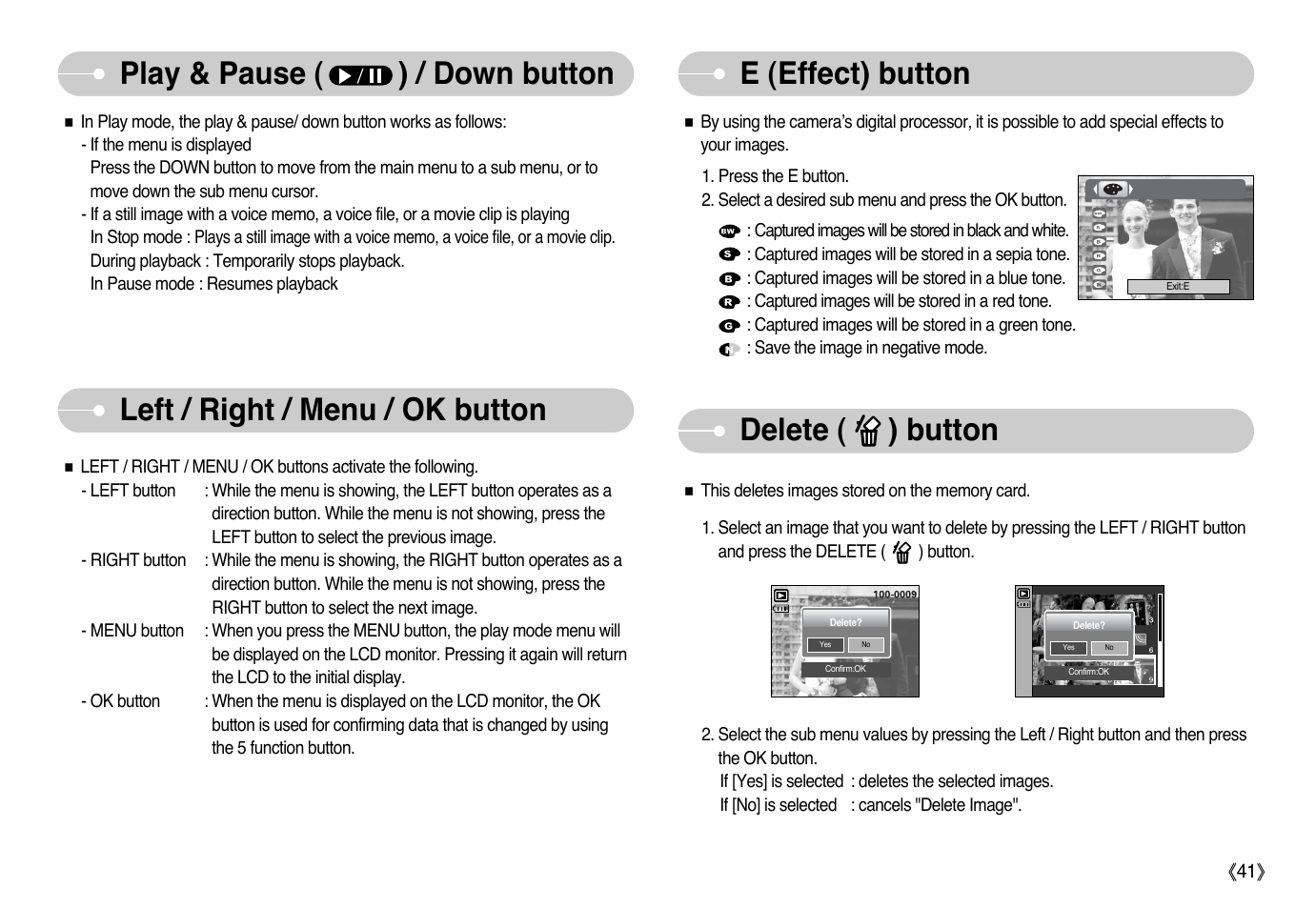 E (effect) button, Play & pause ( ) / down button, Left / right / menu / ok button | Delete ( ) button | Samsung Digimax L60 User Manual | Page 42 / 78