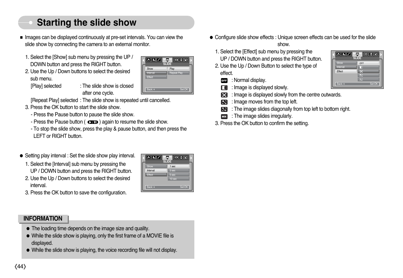 Starting the slide show, Information, Ŝ44ş | Samsung Digimax L60 User Manual | Page 45 / 78