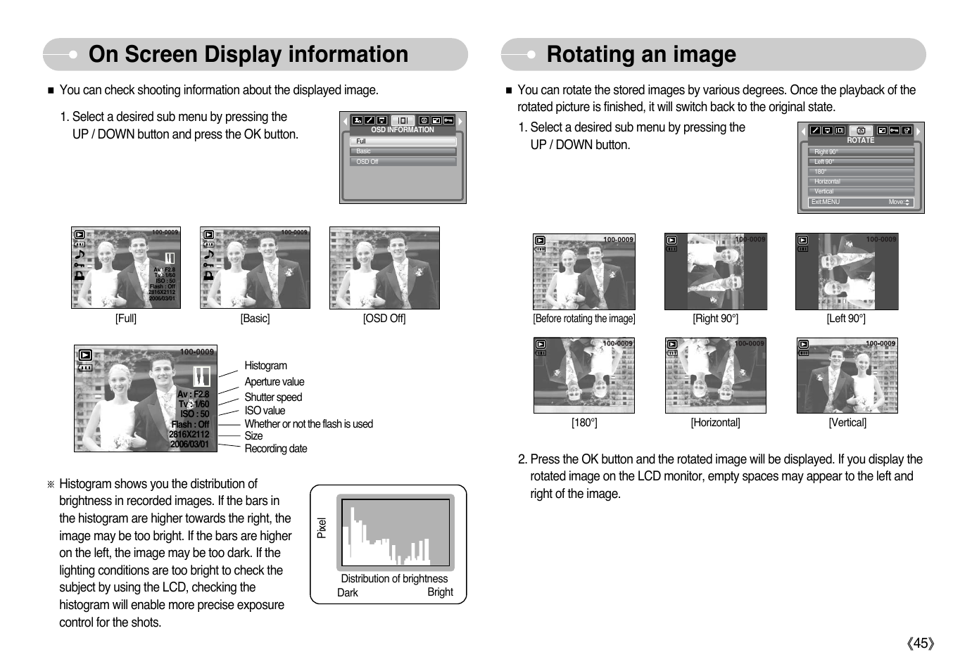 On screen display information rotating an image, Ŝ45ş | Samsung Digimax L60 User Manual | Page 46 / 78