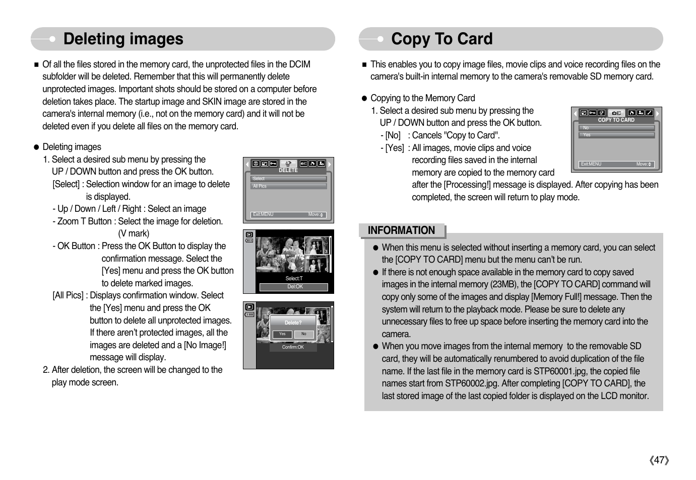 Deleting images copy to card, Information | Samsung Digimax L60 User Manual | Page 48 / 78