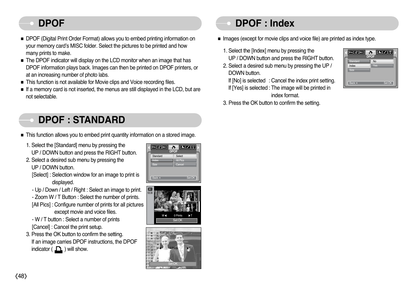 Dpof dpof : index, Dpof : standard | Samsung Digimax L60 User Manual | Page 49 / 78