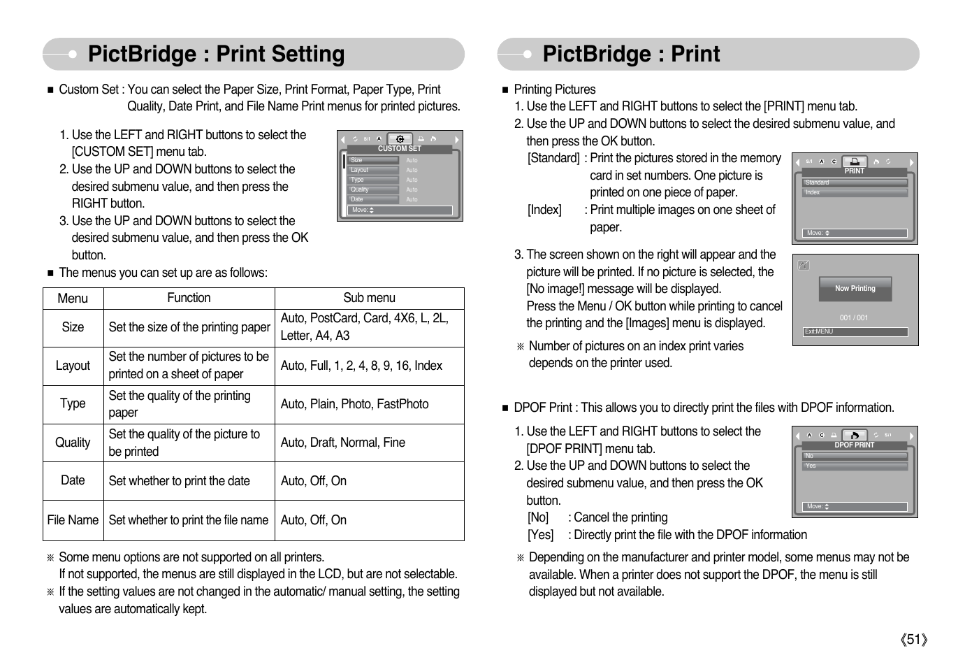 Pictbridge : print setting pictbridge : print | Samsung Digimax L60 User Manual | Page 52 / 78