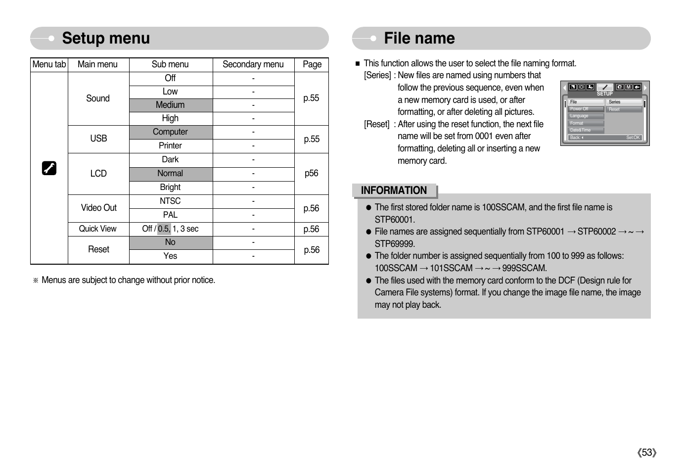 File name setup menu | Samsung Digimax L60 User Manual | Page 54 / 78