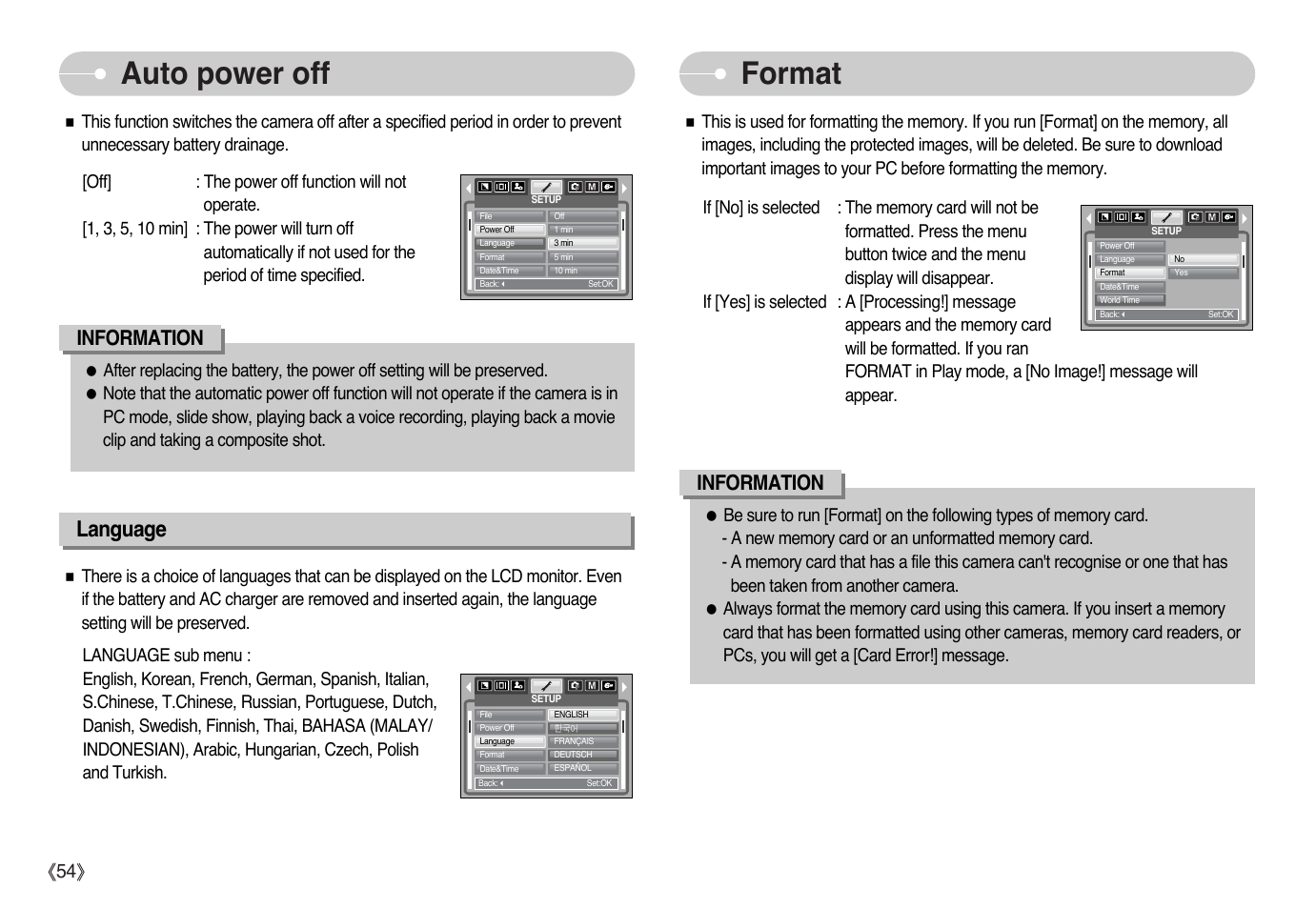 Auto power off format, Language, Information | Ŝ54ş | Samsung Digimax L60 User Manual | Page 55 / 78
