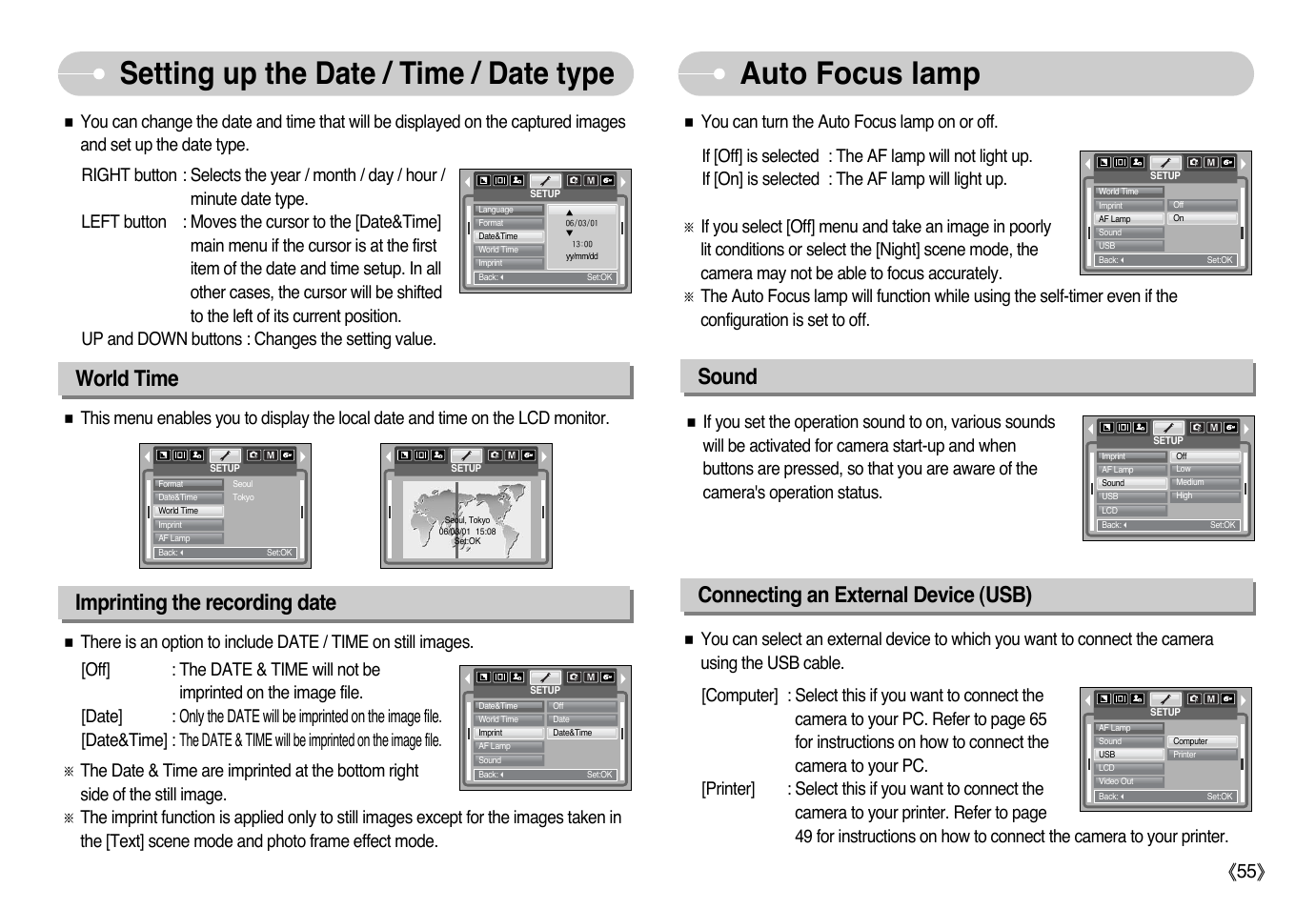 Imprinting the recording date sound, World time, Connecting an external device (usb) | Ŝ55ş | Samsung Digimax L60 User Manual | Page 56 / 78