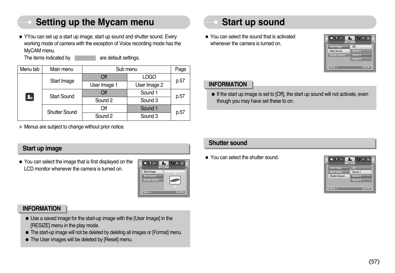 Start up sound setting up the mycam menu, Start up image, Shutter sound | Information | Samsung Digimax L60 User Manual | Page 58 / 78