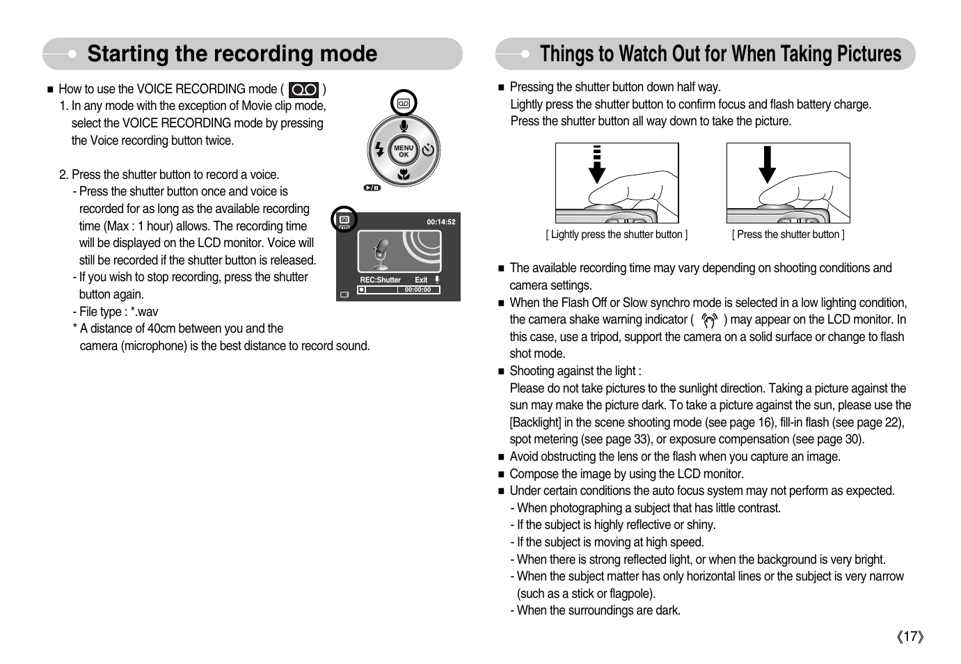 Starting the recording mode, Things to watch out for when taking pictures | Samsung Digimax D53 User Manual | Page 18 / 78