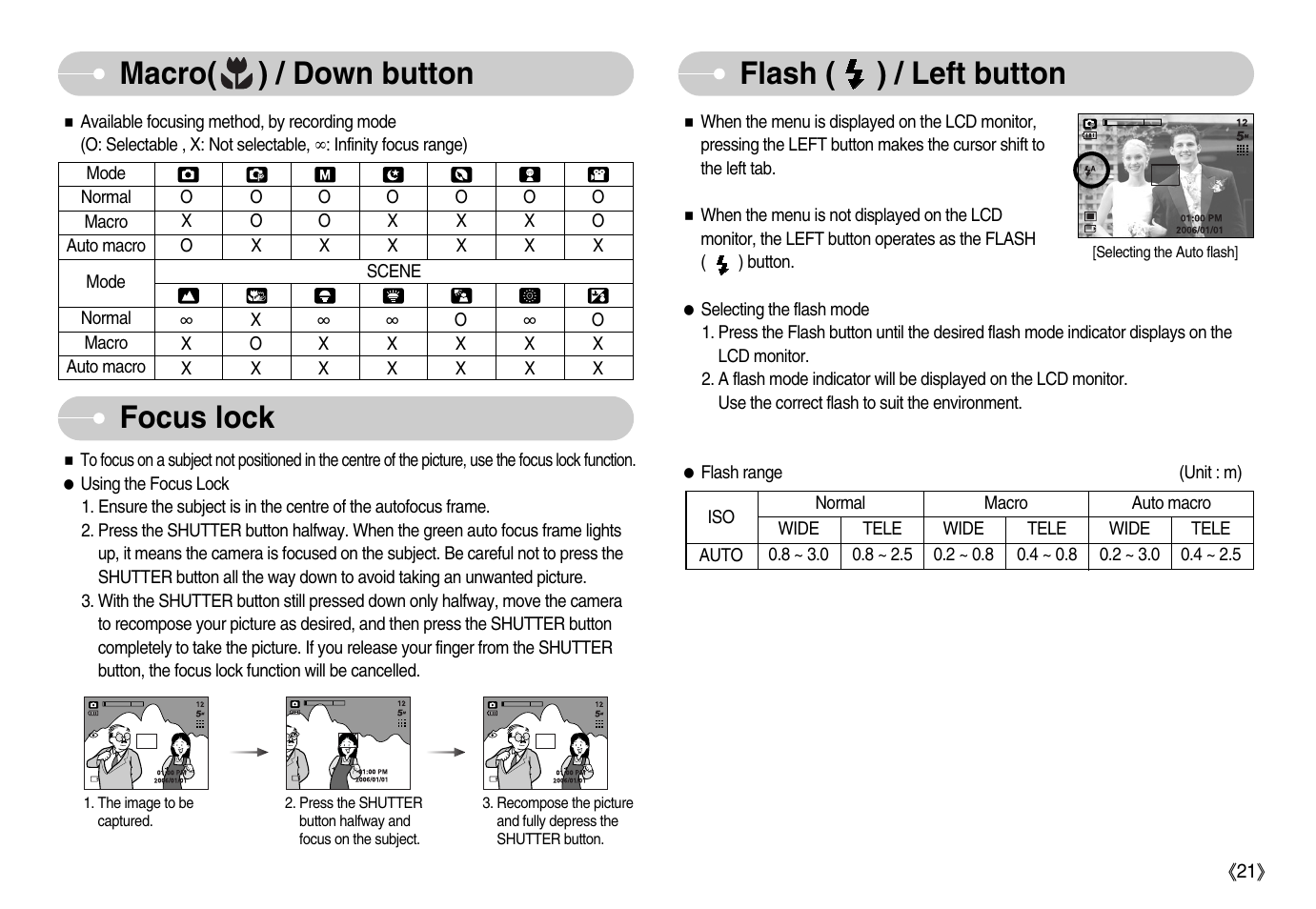 Macro( ) / down button, Focus lock, Flash ( ) / left button | Samsung Digimax D53 User Manual | Page 22 / 78
