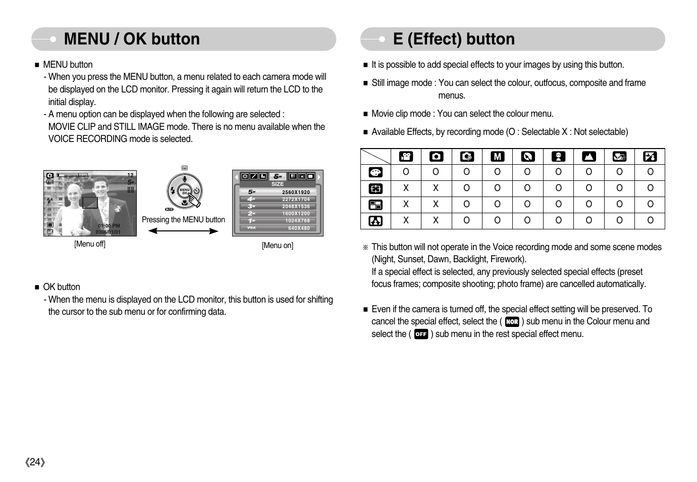 Menu / ok button e (effect) button | Samsung Digimax D53 User Manual | Page 25 / 78