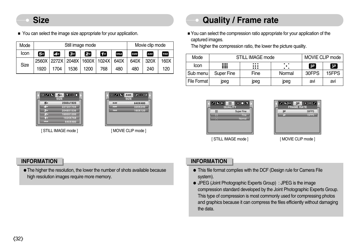 Size quality / frame rate | Samsung Digimax D53 User Manual | Page 33 / 78