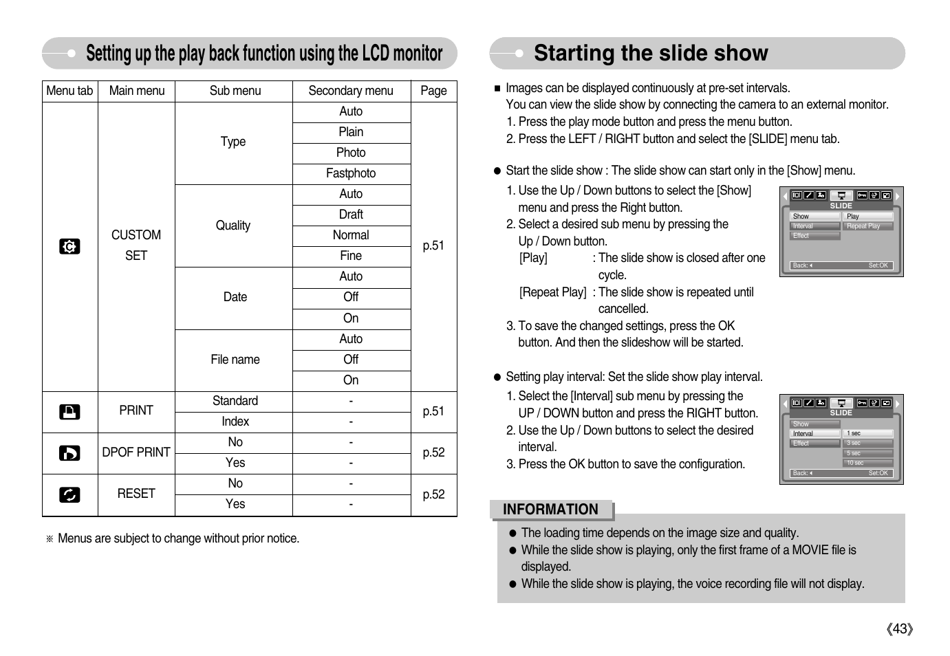Starting the slide show | Samsung Digimax D53 User Manual | Page 44 / 78