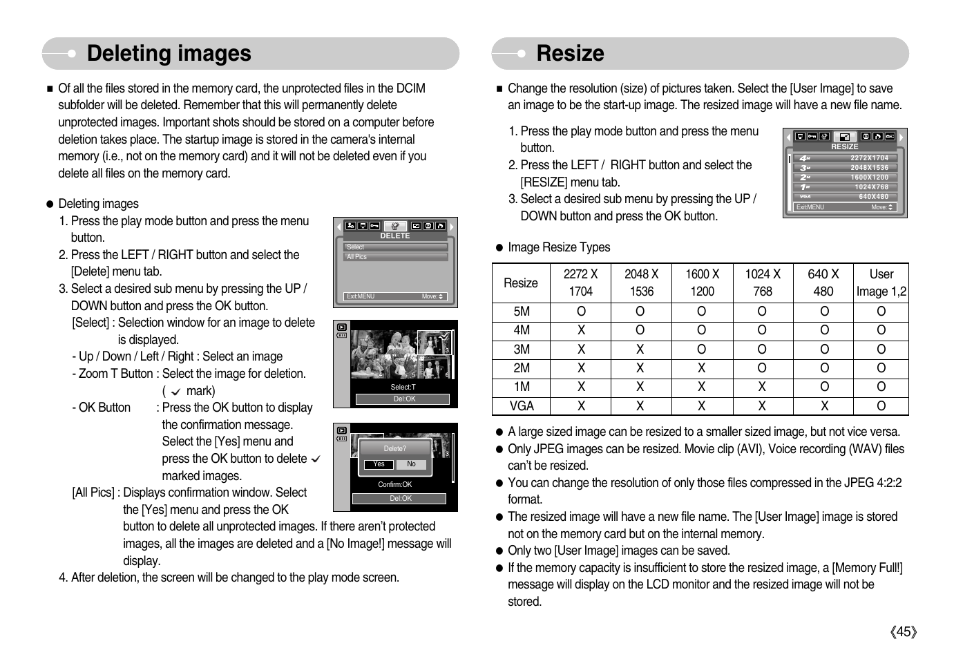 Resize, Deleting images | Samsung Digimax D53 User Manual | Page 46 / 78