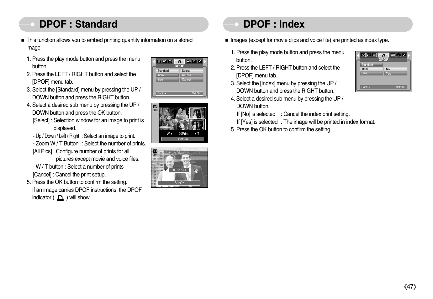 Dpof : index, Dpof : standard | Samsung Digimax D53 User Manual | Page 48 / 78