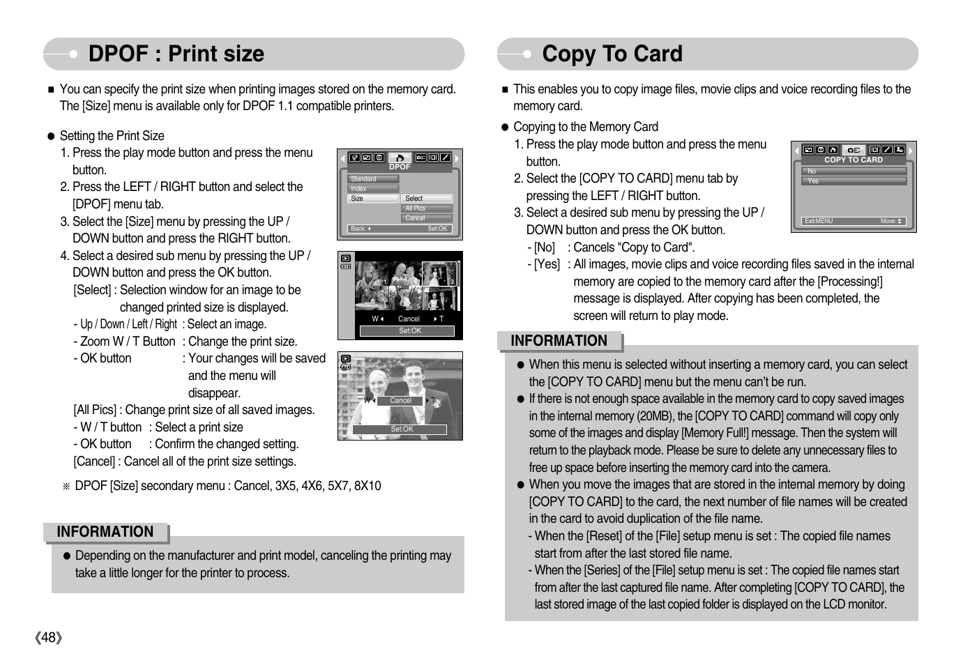 Dpof : print size, Copy to card | Samsung Digimax D53 User Manual | Page 49 / 78