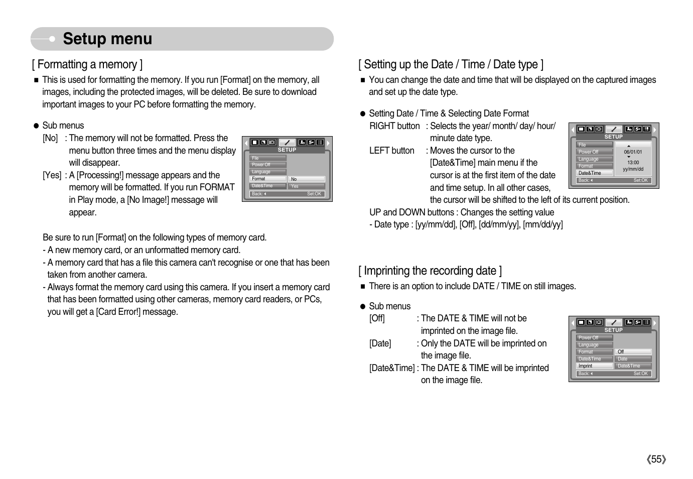 Setup menu, Setting up the date / time / date type, Imprinting the recording date | Samsung Digimax D53 User Manual | Page 56 / 78