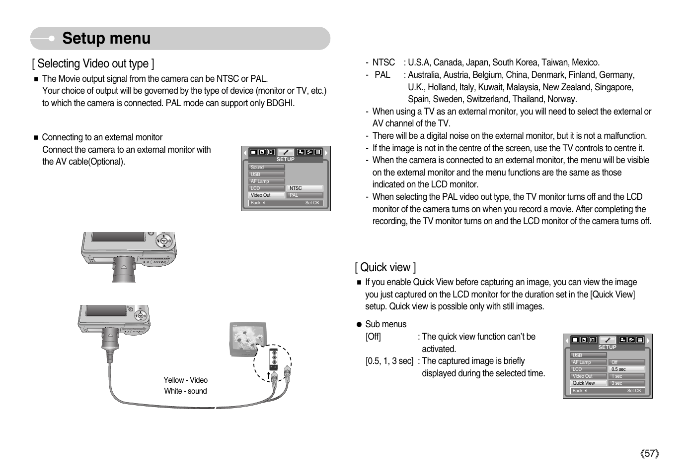 Setup menu, Selecting video out type, Quick view | Samsung Digimax D53 User Manual | Page 58 / 78