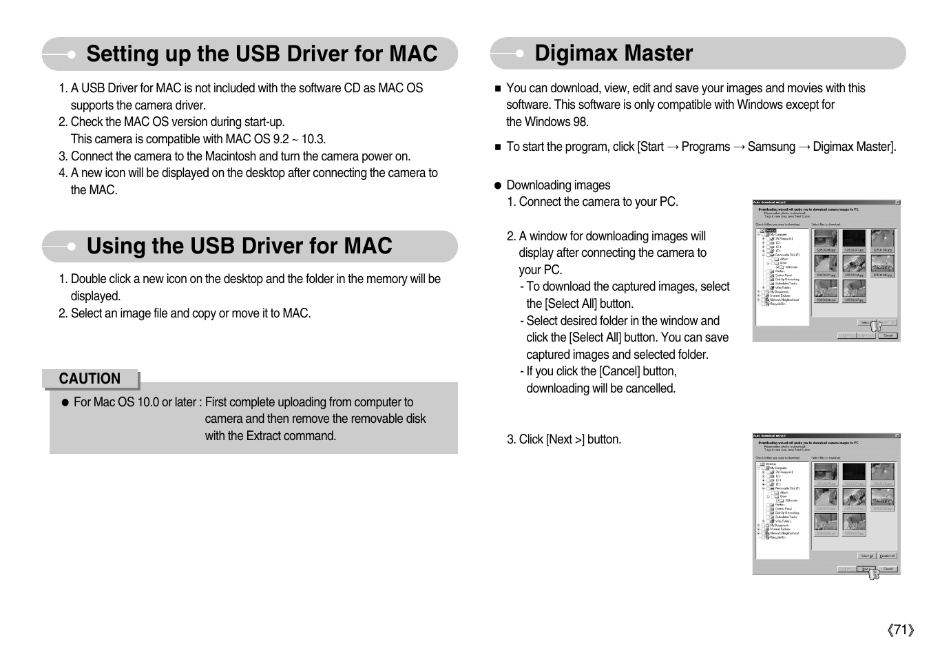 Setting up the usb driver for mac, Using the usb driver for mac, Digimax master | Samsung Digimax D53 User Manual | Page 72 / 78