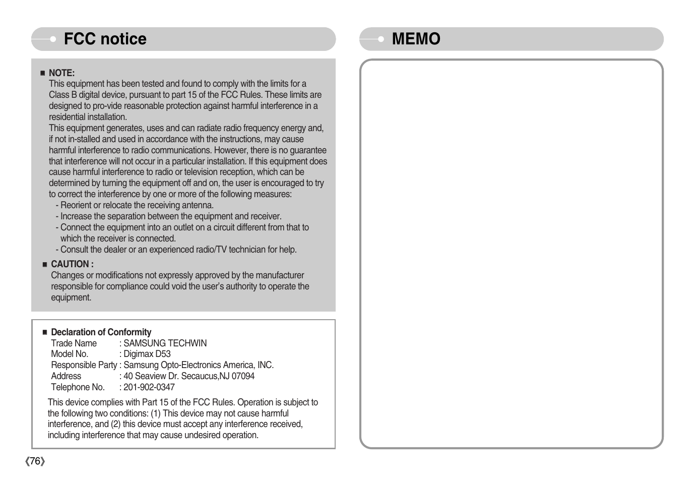Fcc notice | Samsung Digimax D53 User Manual | Page 77 / 78